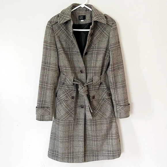 Vintage Y2K 90s Plaid Wool Coat Academia 6 Small Preppy Trench Lined Equestrian - Picture 1 of 11